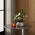 Silver Vase With White Flowers Green Branches On Marble Table Oranges Wooden Wall And Window