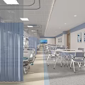 Spacious Hospital Ward Interior With Medical Beds Tables Chairs Windows Artworks And Ceiling Lights