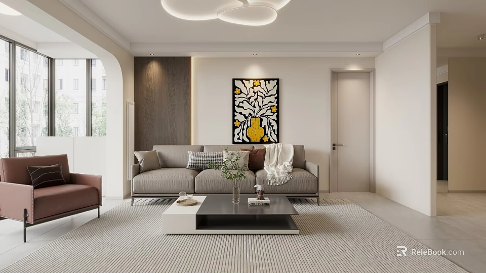 Modern Living and Dining Room Interior With Grey Sofa Coffee Table Artwork And Pendant Light 3d model 