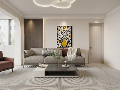 Modern Living and Dining Room Interior With Grey Sofa Coffee Table Artwork And Pendant Light 3d model