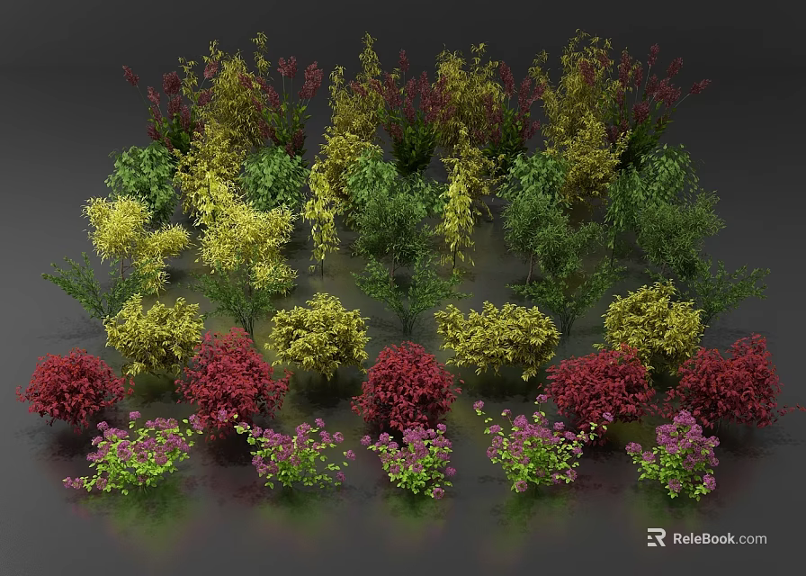 Colorful Assorted Shrubs Featuring Red Yellow Green and Purple Varieties 3d model 
