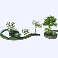 Curved Tree Planter Design with Various Trees and Shrubs in Outdoor Landscape Setting