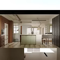 Modern Kitchen Interior With Wooden Cabinets Island Counter And Dining Chairs