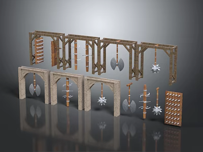 Vintage Wooden and Stone Architectural Components with Arches Hanging Tools and Planks 3d model