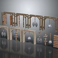 Vintage Wooden and Stone Architectural Components with Arches Hanging Tools and Planks