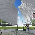 Modern Geometric Outdoor Pavilion With Wooden Panels Green Lawn Curved Pathway And Trees