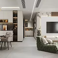 Modern Living and Dining Room Interior With Beige Sofa Green Armchair TV And Decorative Painting