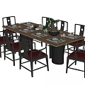 Dining Table Set with Stylish Black Chairs Brown Cushioned Seats Rectangular Top Tableware with Potted Plant 3d model