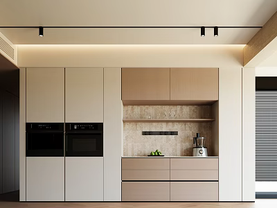 Modern Sideboard Design With Beige Light Wood Cabinets Drawers Open Shelves And Built in Lighting 3d model