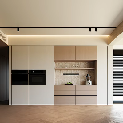 Modern Sideboard Design With Beige Light Wood Cabinets Drawers Open Shelves And Built in Lighting 3d model
