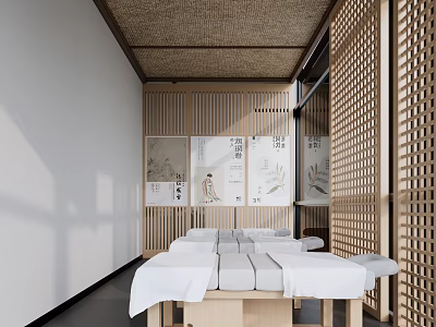 SPA Sauna Interior Featuring Wooden Massage Beds With White Sheets Bamboo Ceiling And Plant Paintings 3d model