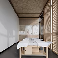SPA Sauna Interior Featuring Wooden Massage Beds With White Sheets Bamboo Ceiling And Plant Paintings