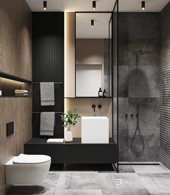 Modern Bathroom Interior With White Sink Grey Tiles Mirror And Potted Plant 3d model 