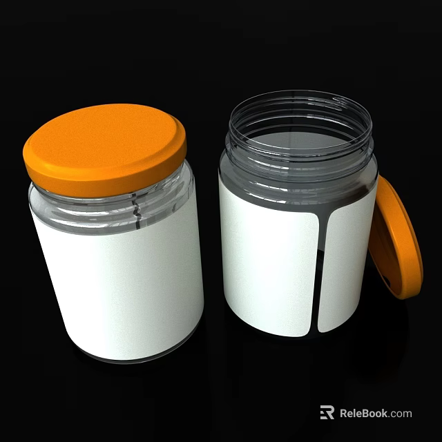 Transparent Plastic Jars With Orange Lids And White Labels For Storage 3d model 