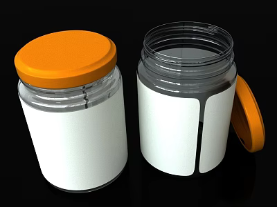 Transparent Plastic Jars With Orange Lids And White Labels For Storage 3d model