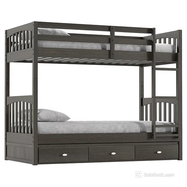 Dark Wood Bunk Bed Design With Storage Drawers And Ladder For Bedroom 3d model 