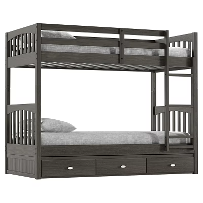 Dark Wood Bunk Bed Design With Storage Drawers And Ladder For Bedroom 3d model