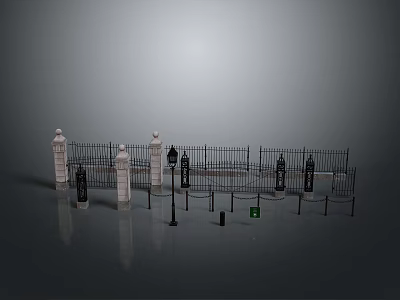 Classic Iron Fence With Stone Pillars And Street Lamps In Outdoor Landscape 3d model
