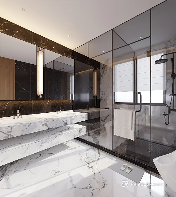 Modern Bathroom Interior With Marble Countertop Double Vanity Glass Shower And Lighting 3d model 