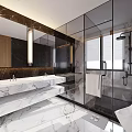 Modern Bathroom Interior With Marble Countertop Double Vanity Glass Shower And Lighting