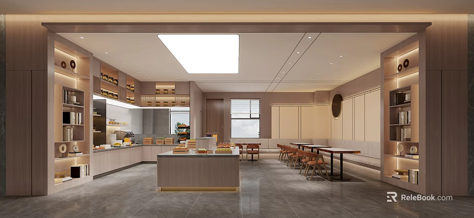 Elegant Restaurant Interior With Open Layout Wooden Buffet Counter Dining Tables Chairs And Ceiling Lights 3d model 