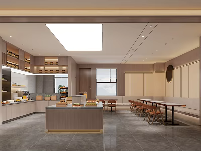 Elegant Restaurant Interior With Open Layout Wooden Buffet Counter Dining Tables Chairs And Ceiling Lights 3d model