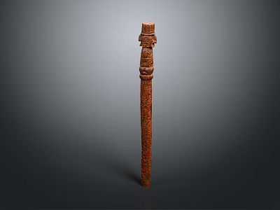Ancient Vertical Wooden Carving With Totem Like Figure And Detailed Texture 3d model