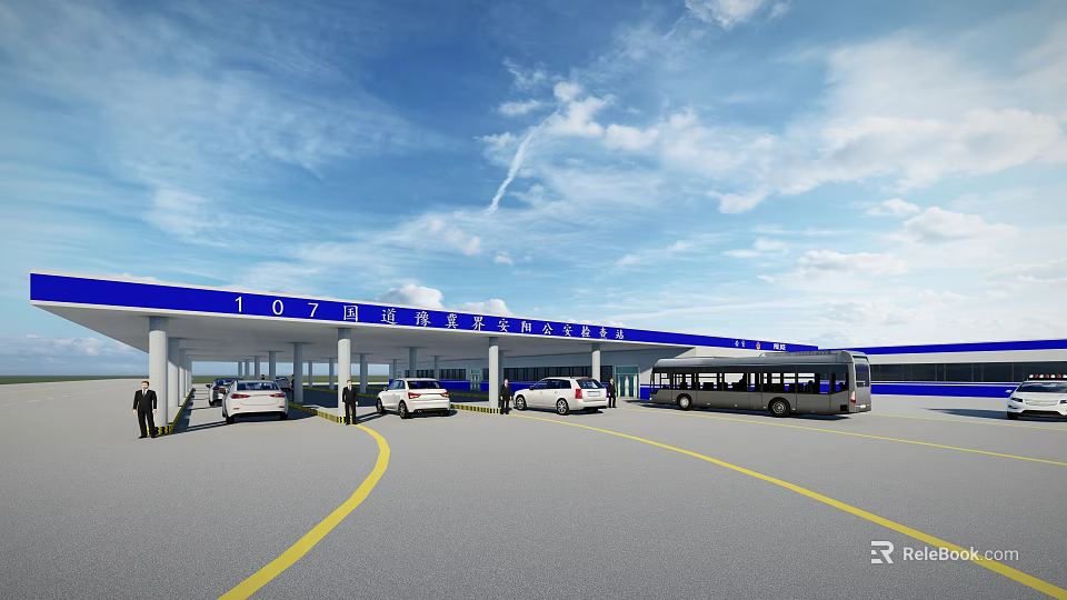 107 National Highway Service Area With Blue Roof Parking Lot Cars Bus And People 3d model 