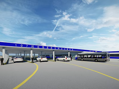107 National Highway Service Area With Blue Roof Parking Lot Cars Bus And People 3d model