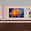 Modern TV Background Wall Featuring Vibrant Orange Yellow Flower Art And Decorative Plants