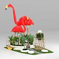 Red Flamingos And Green Plants Photo Spot With Birdcage Decoration Grass Path And Chairs 3d model