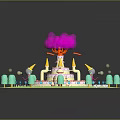 Fairy Castle Architecture Featuring Multi Layer Design Pink Cloud Top Green Trees Red Circular Path