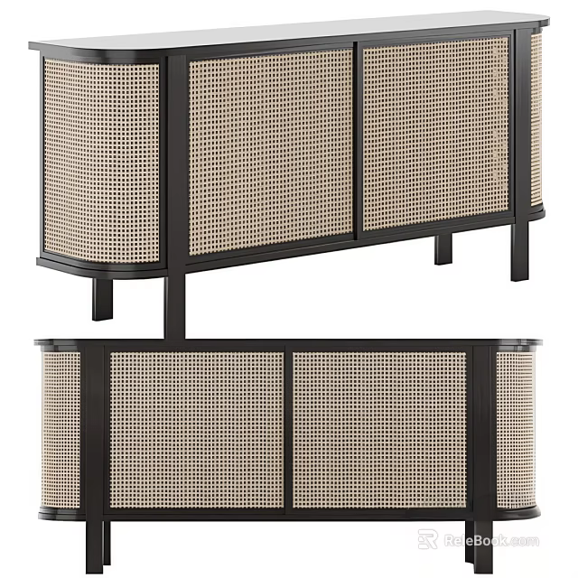 Modern Sleek Entryway Console Cabinet With Rattan Panels Black Frame And Wooden Legs 3d model 