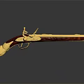 Antique Ornate Pistol With Golden Decorations Engraved Wooden Stock On Dark Surface With Reflection