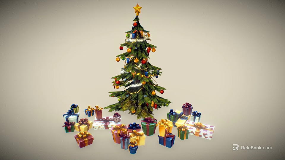 Decorated Christmas Tree With Star Tinsel Colorful Balls And Surrounding Wrapped Gifts 3d model 