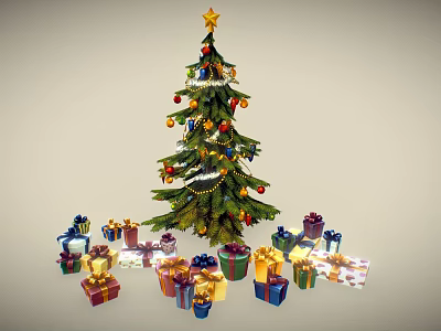 Decorated Christmas Tree With Star Tinsel Colorful Balls And Surrounding Wrapped Gifts 3d model