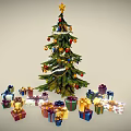 Decorated Christmas Tree With Star Tinsel Colorful Balls And Surrounding Wrapped Gifts