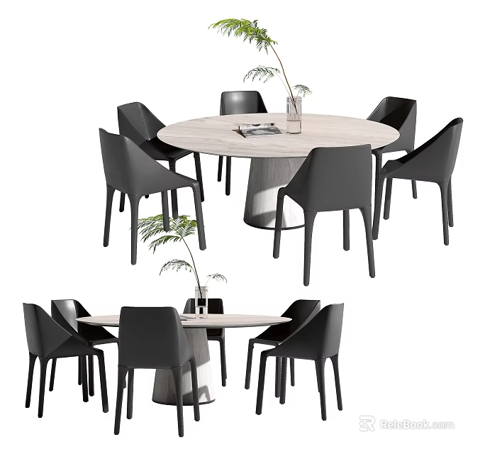 Modern Dining Table Set With Round Table Black Chairs And Decorative Plant 3d model