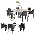 Modern Dining Table Set With Round Table Black Chairs And Decorative Plant 3d model