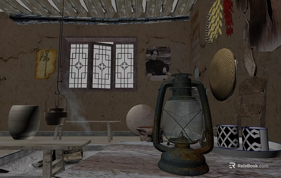Vintage Rural Interior With Old Kerosene Lamp Wooden Window Retro Posters And Crafts 3d model 