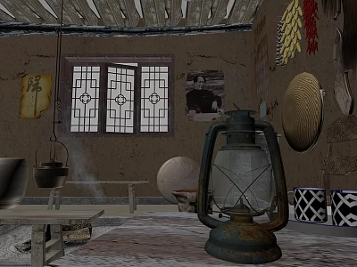 Vintage Rural Interior With Old Kerosene Lamp Wooden Window Retro Posters And Crafts 3d model