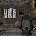 Vintage Rural Interior With Old Kerosene Lamp Wooden Window Retro Posters And Crafts