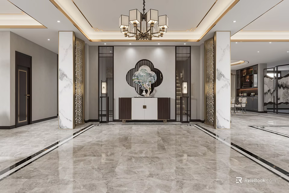Elegant Entryway Hallway Design With Marble Floor And Columns Decorative Wall Panel And Chandelier 3d model 