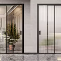 Modern Glass Sliding Doors With Black Frames And Frosted Vertical Stripes In Interior Space