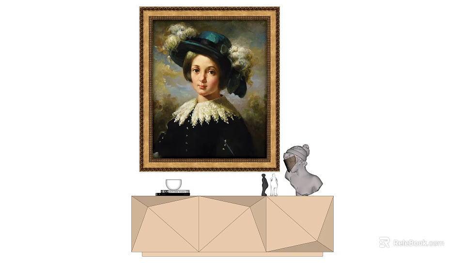 Vintage Female Portrait Painting Ornate Framed On Modern Sideboard With Pug Statue And Decorative Items 3d model 