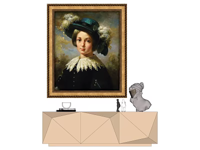 Vintage Female Portrait Painting Ornate Framed On Modern Sideboard With Pug Statue And Decorative Items 3d model