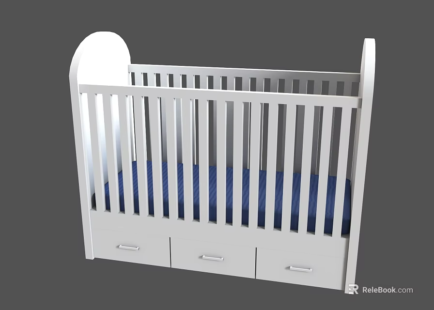 White Kids Bed With Railing Blue Mattress And Three Drawers 3d model 