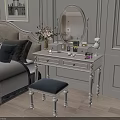 Elegant White Dressing Table With Round Mirror And Blue Stool In Bedroom 3d model
