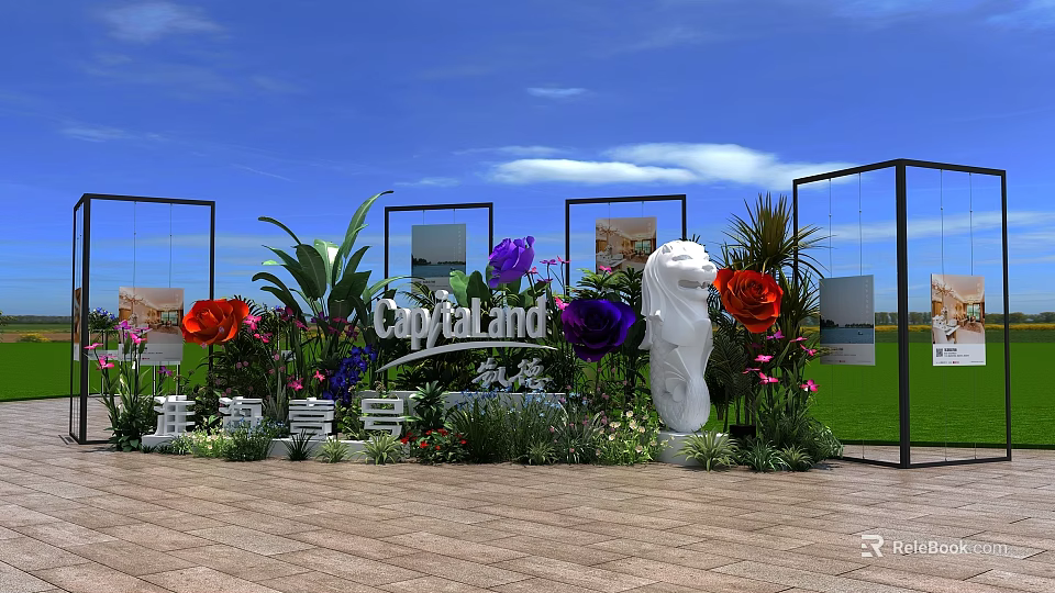 Capitaland Outdoor Display Area With Lion Statue Colorful Flowers And Frames 3d model 