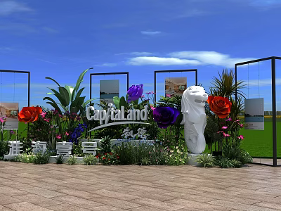 Capitaland Outdoor Display Area With Lion Statue Colorful Flowers And Frames 3d model